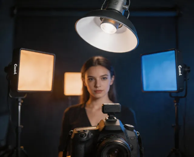 Godox studio lighting setup with LED panels and strobe